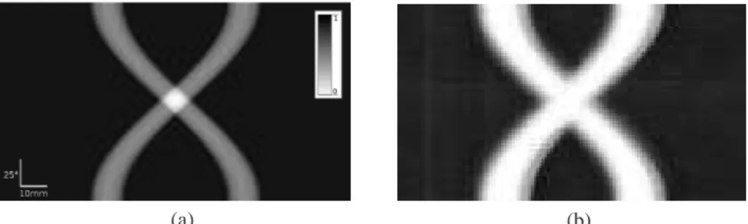 Fig. 3. Sinograms of two metallic bars (12 mm diameter) separated by 50 mm, with a pro- pro-jection number N θ = 72
