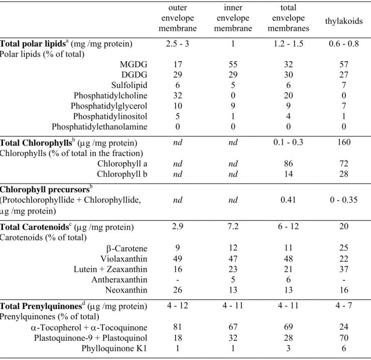 Table 1: Distribution of lipid compounds in chloroplasts   outer  envelope  membrane  inner  envelope  membrane  total  envelope  membranes  thylakoids  Total polar lipids a  (mg /mg protein)  2.5 - 3  1  1.2 - 1.5  0.6 - 0.8  Polar lipids (% of total) 
