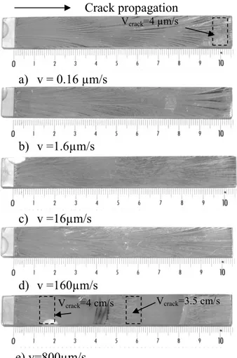 Figure  2  shows  the  postmortem  fracture  surface  of  PMMA  for  various  wedge  speeds
