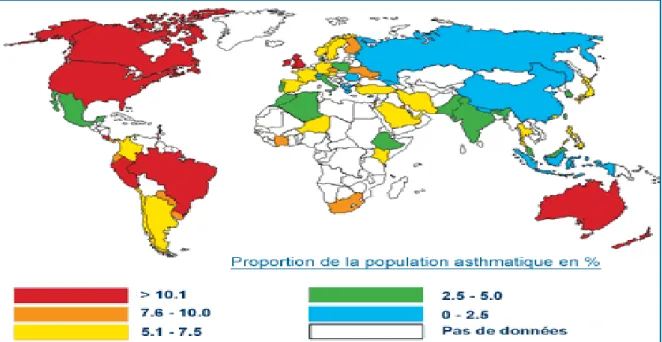 Figure N°I-03 : la répartition  de la fréquence d’asthme dans les différentes régions du  monde (en%) 