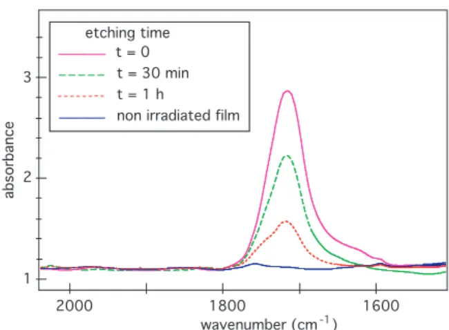 Fig. 4. Electron Paramagnetic Resonance (EPR) spectra per mass unit (mg −1 ) for heavy ions irradiated film before  etch-ing (latent tracks) and after 1 h track etchetch-ing