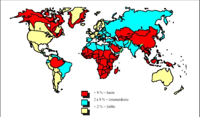 Figure 8 : Répartition de la Prévalence de l'infection à VHB dans le monde (D’après  Charlotte, L, D, 2009) 