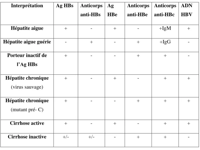 Tableau 2 : Principaux profils observés dans différentes situations cliniques au cours de  l’infection par le VHB (Baadi, F., 2016) 
