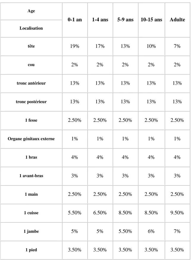 Tableau 3 : Tableau de LUND et BROWDER (en pourcentage de surface corporelle). 