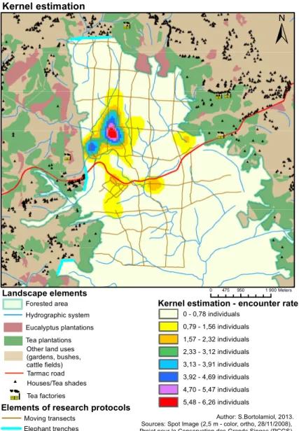 Figure 5. Kernel estimation of most frequented areas of Sebitoli chimpanzee home  range