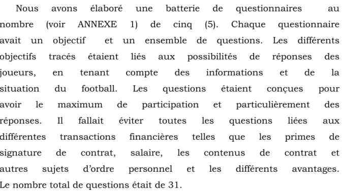 Tableau y. Les indices des questionnaires 