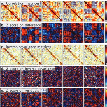 Figure 5: Inter subject variability. Note that this is variability occur- occur-ring in a healthy population at rest, in other words it is non specific variability – a: single-subject correlation matrices for different  sub-jects – b: Corresponding Z-score
