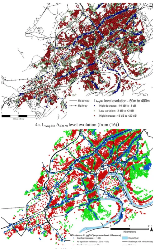 Figure 4 - The L Aeq,24h  and NO 2  Δ 400-50  spatial distribution (from (13)). 