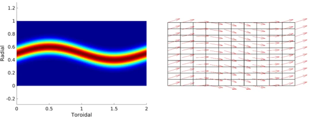 Figure 18: Toroidal study: 2D map of the aligned initial solution u 0 (left) and of the magnetic vector field (right).