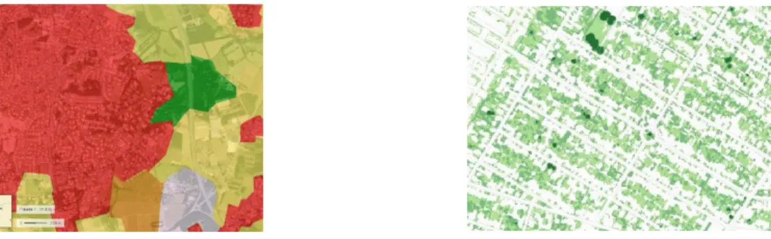 Figure 4 : à gauche, extrait de la base Corine Land Cover (source : MEDDE, 2012) de la commune Basse-Goulaine  à l’est de Nantes superposée à l’ortho photographie aérienne (source : IGN) visualisé par geoportail.gouv.fr