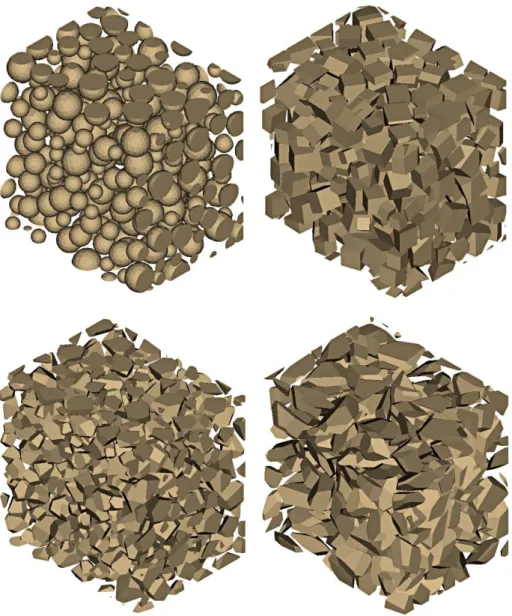 Figure 1: Microstructures generated with spheres (up left), cubes (up right), Voronoi particles (down left)  and prolate Voronoi particles with aspect ratio of 3 (down right)