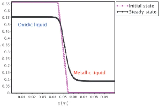 Fig. 6 shows the profile of oxygen molar fraction x O in the initial state and at steady state where it is verified that, far from the interface, the oxygen molar fraction is equal to the values given by an equilibrium calculation.