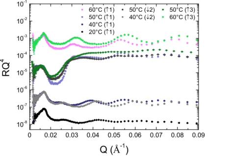 Figure 4: Comparison between the evolutions of the SNR curves of a solution of fatty acids at  10mg/ml in pure D 2 O if the solution of tubes is heated directly in-situ in the cell measurement  during  two  successive  increases  of  the  temperature  ((1)