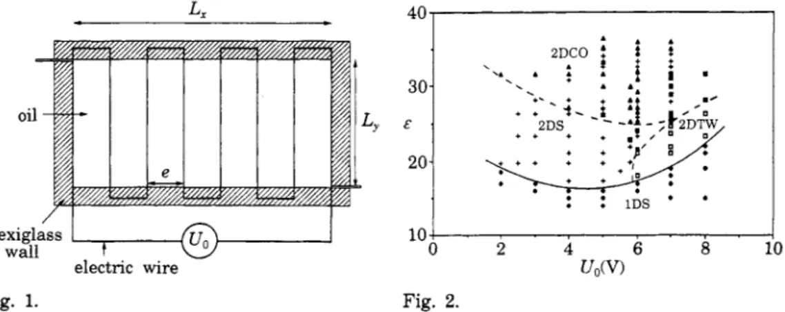 Fig.  1.  -  Qualitative  sketch of  the experimental apparatus; the fluid  is inserted  between  plexiglass  walls  and  the forcing  is  achieved  by  the electric  wires,  parallel  to the small  side of  the  container