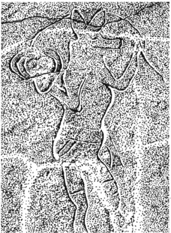 Fig. 3.  Gravures du Messak : théranthr ope  à  tête de lycaon portant  un aurochs adulte sur les épaules,  à  la manière du • bon pasteur •