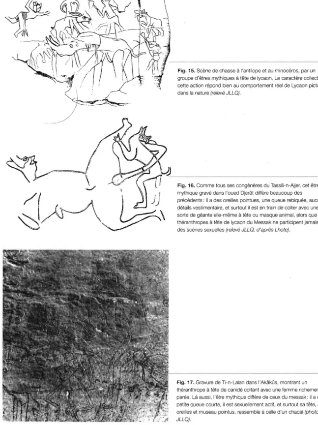Fig.  15. Scène de chasse  à  l'antilope et au rhinocéros,  par un  groupe d'êtres mythiques  à  tête de lycaon
