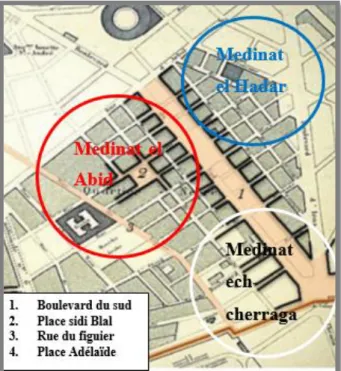 Figure  25:  organisation  spatiale  initiale  de  Medina  Jadida. Source : F.kettaf 2013.mise en forme : auteurs 