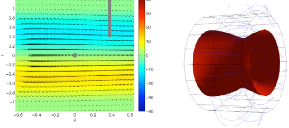 Figure 10. Left: mode m = 0 of the reconstructed magnetic field in a VKS experiment at Rm = 34, just above the dynamo onset