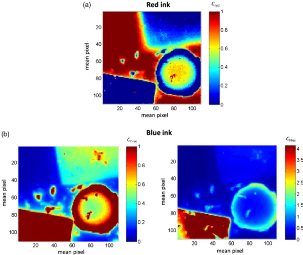 Fig. 16 Relative concentration of (a) red ink (b) blue ink, shown with two different scales for visual enhancement