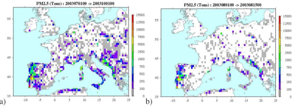Fig. 2. Wildfire locations and estimated total fine aerosol (PM 2.5 ) emissions (Tons=10 6 g) derived from MODIS data over Europe for (a) 1 July to 30 September 2003 period, and (b) the heat-wave episode, 1 August to 15 August 2003.