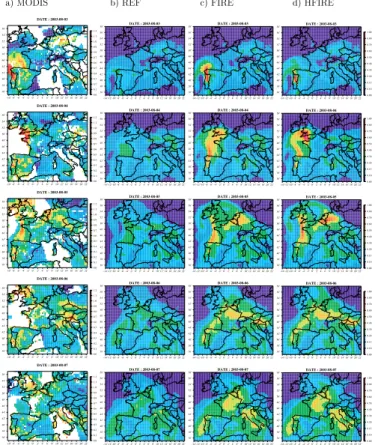 Fig. 5. Geographic distribution of the aerosol optical thickness at 550 nm over Europe from 3 to 7 August 2003 as (a) retrieved from the MODIS sensor and simulated by the CHIMERE model for (b) REF, (c) FIRE and (d) H FIRE configurations, respectively