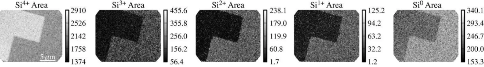 Fig. 9. Si 0 , Si 1+ , Si 2+ , Si 3+  and Si 4+  peak area maps obtained from best fits to the Si 2p spectra generated from the P + /N SI.