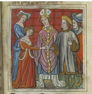 Figure 5: Grande chronique de Normandie. Rouen, Bibliothèque municipale, ms. 1233 (Y 26), f° 24v (1410) - Mariage de Guillaume  Longue Épée
