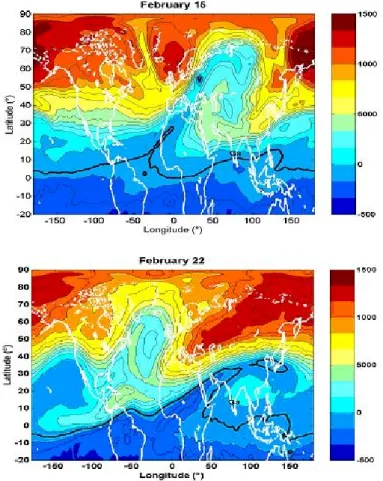 Fig. 4. Evolution of Ertel’s Potential Vorticity on the 1900-K isentropic sur- sur-face for (a) 15 February and (b) 22 February 2001