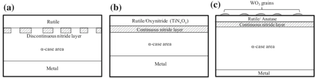 Fig. 8 Schematic cross section after 100 h of oxidation at 700 C under air: a US, b LSP, and c SP30