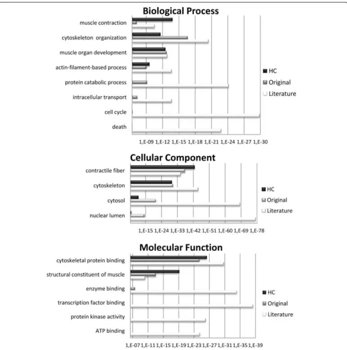 Figure 7 GO enrichment analysis of the three datasets compared to the human proteome. A GO term enrichment analysis of the three datasets (LGMD-centred, HC and literature-enriched datasets) was performed using the DAVID web-resource and an appropriate leve