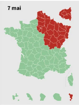 Figure A1: High- (red) and low-infection (green) D´ epartements as of May 7, 2020