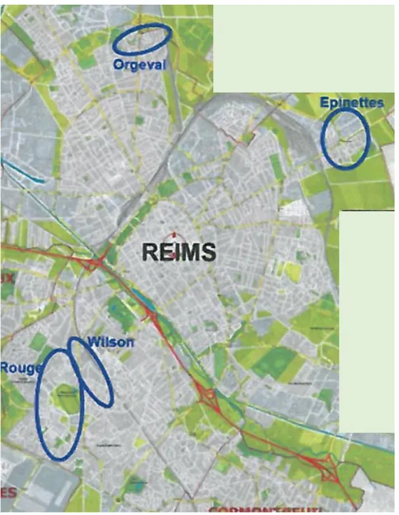 Figure 36: les 4 quartiers concernés par le renouvellement urbain à Reims. Source: internet