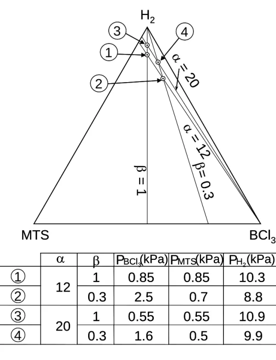 Fig.  3:  Ternary  diagram  showing  the  gas  phase  composition  experimentally  investigated  in the BCl 3 -MTS-H 2  system (partial pressures are given for a total pressure of 12 kPa)