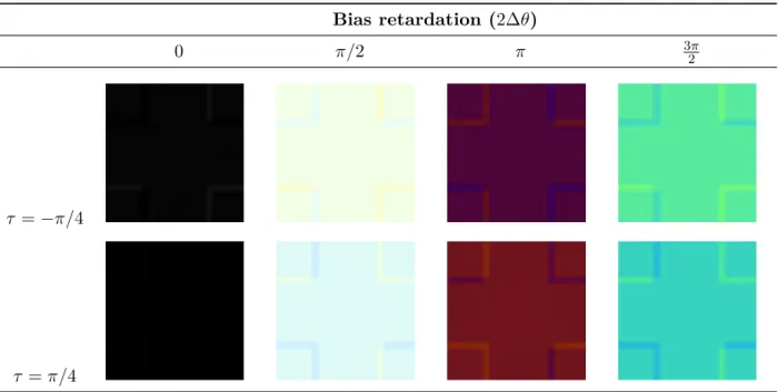 Figure 2.28: Observed DIC images for different combinations of shear angle and bias retardation.