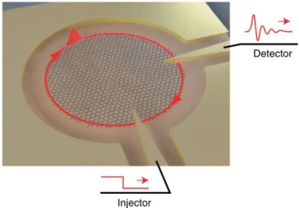 FIG. 1 (color online). Schematic of the device. Disk shaped graphene is covered with 160 nm thick insulating layer