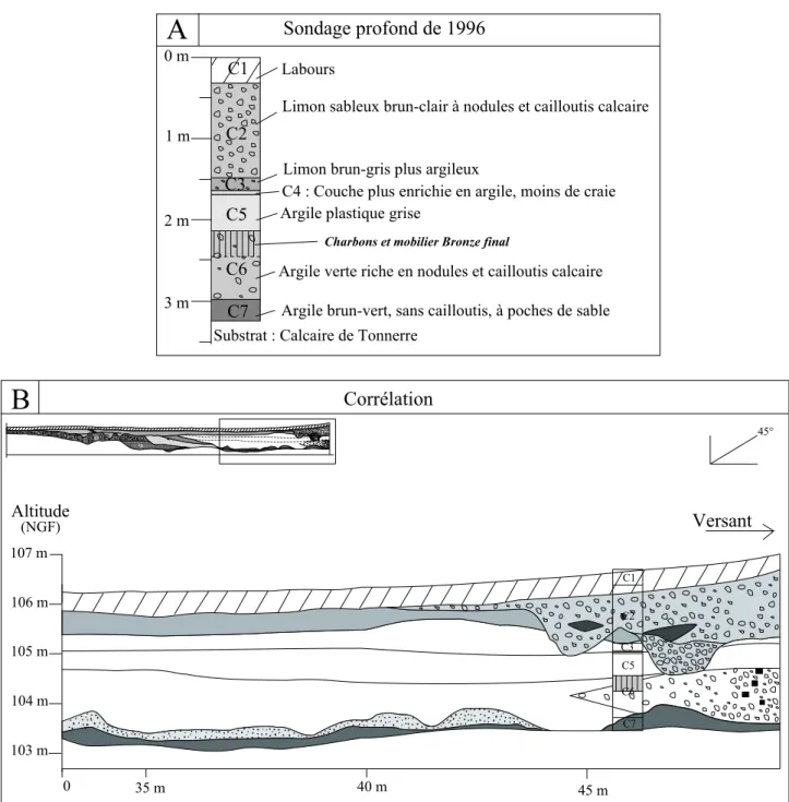 Fig. 8. Corrélation entre le sondage profond de 1996 et la coupe de la tranchée 2 (chenal sud)