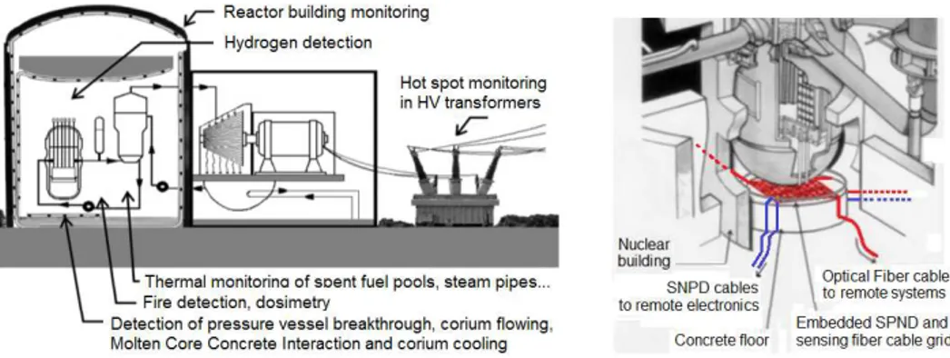 Fig. 1: Left: OFS applications to enhance safety. Right: Distributed sensing for corium monitoring