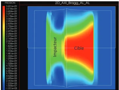 Figure 6. Simulation numérique 2D axisymétrique d’un choc, cas Al-Al à 500 m/s.  