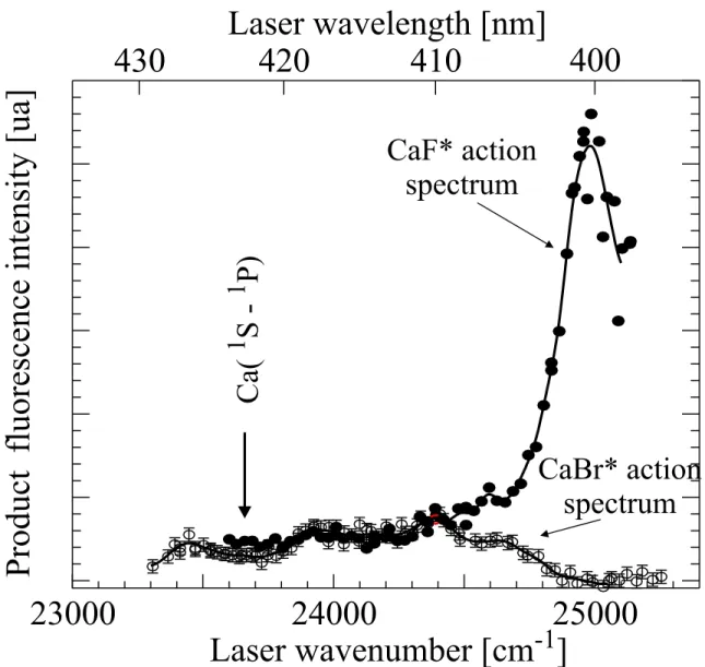 Figure 5: Zoom showing the red part of the action spectrum reported in Figure 4(dots labelled CaF ∗ action spectrum)