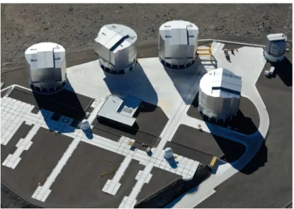 Figure 2.1: The Very Large Telescope. Are visible: the four unit telescopes (UTs) (from left to right: Antu, Kueyen, Melipal and Yepun), two auxiliary telescopes (ATs), the AT tracks and the VST (top left)