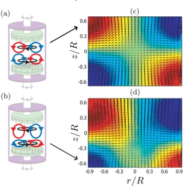 FIG. 2 (color online). (a),(b) Schematic drawings of the flow topology and (c),(d) corresponding experimental maps of mean velocity field of the turbulent von Ka´rma´n flow at Re ¼ 800 000 for (c)  ¼ 0 ( I  ¼ 0) and (d)  ¼ 0 : 0147 ( I &lt; 0)