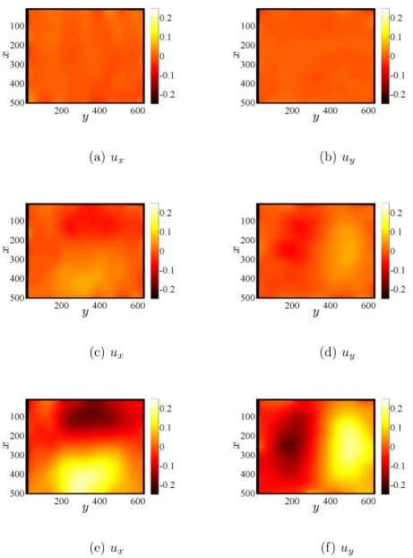 Figure 12: Displacement fields expressed in pixel (1 pixel ≡ 15 µm) before (a-b) and during the thermal shock (c-d) when t = 30 ms and (e-f) t = 50 ms
