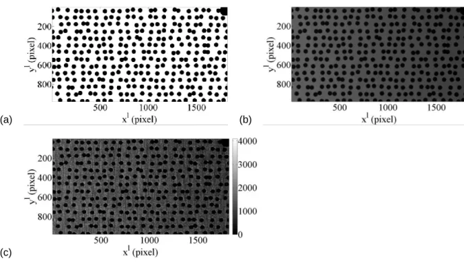 Figure 4: Calibration target for distortion corrections. (a) Numerical reference and (b) corrected  image with bilinear fields and a blurring kernel [40]