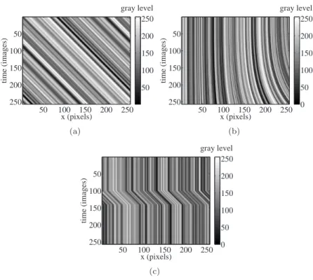 Figure 2: Spatiotemporal map corresponding to a constant velocity (a), a parabolic velocity field (b) and a discontinuous velocity field (c).