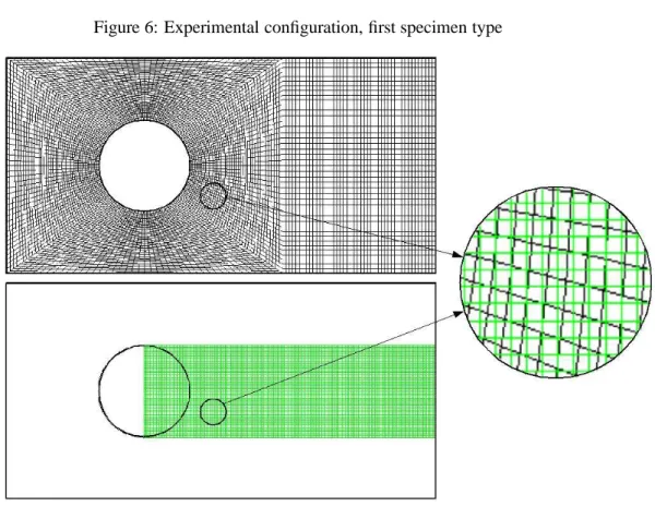 Figure 7: Unstructured mechanical mesh (top), regular level set grid (bottom) The computations are done using the plane strain option.