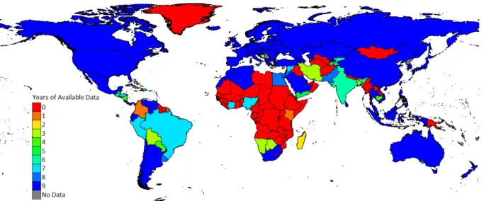 Figure 1: Years of available data, 2000-2008 