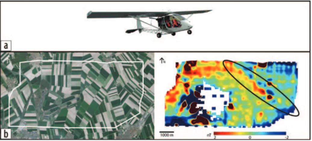 Figure 4. (a) UAV IT-180 from ECA ROBOTICS. (b) Map of the magnetic anomalies obtained with the UAV 5 m above  the ground.