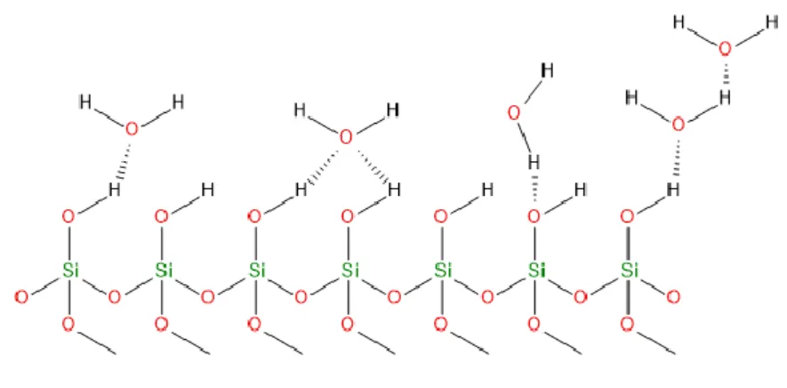 Figure 12- Liaisons hydrogène formées par des molécules d’eau en surface du gel de silice 