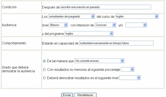 Figura 2.  Interfaz utilizada por el docente para la redacción de objetivos de aprendizaje 