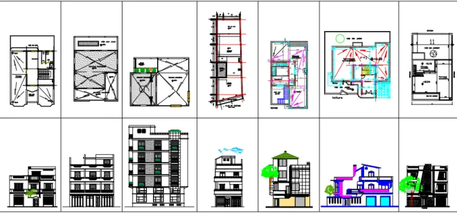 Figure 1.7 : Quelques exemples de plans de terrasses et de façades des « maisons  de famille » conçus par des architectes à Oran